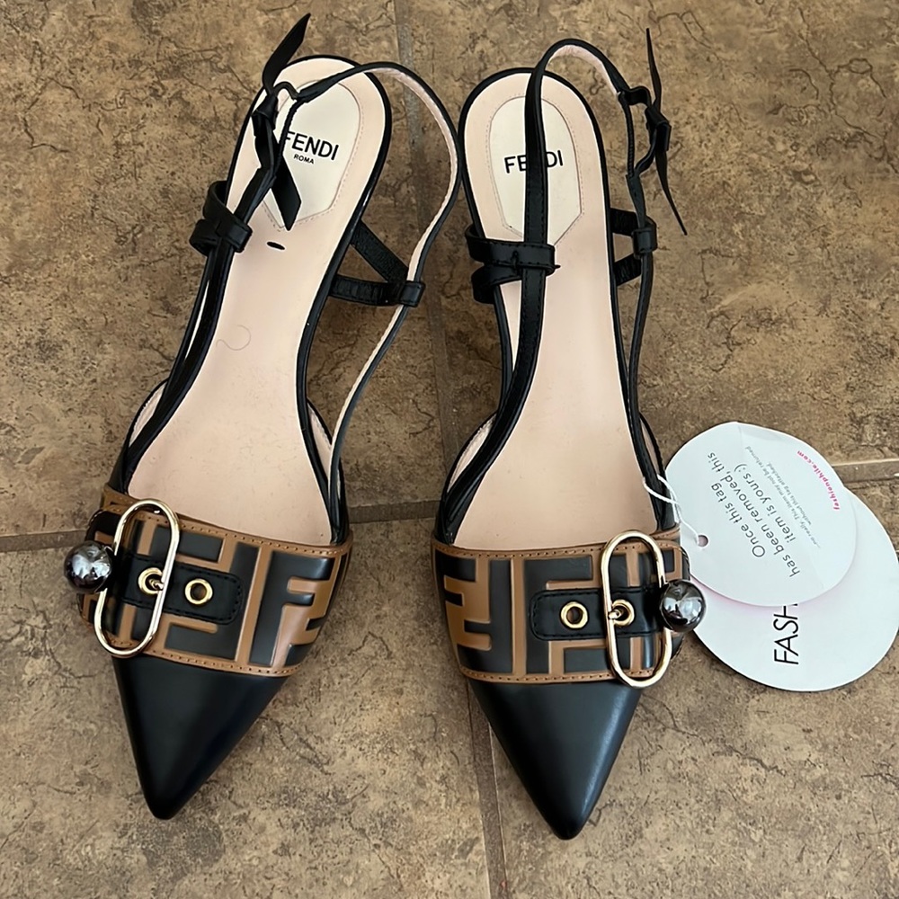 FENDI Vitello FF Embossed Pearland Decollete Aperta Slingback Pumps 40